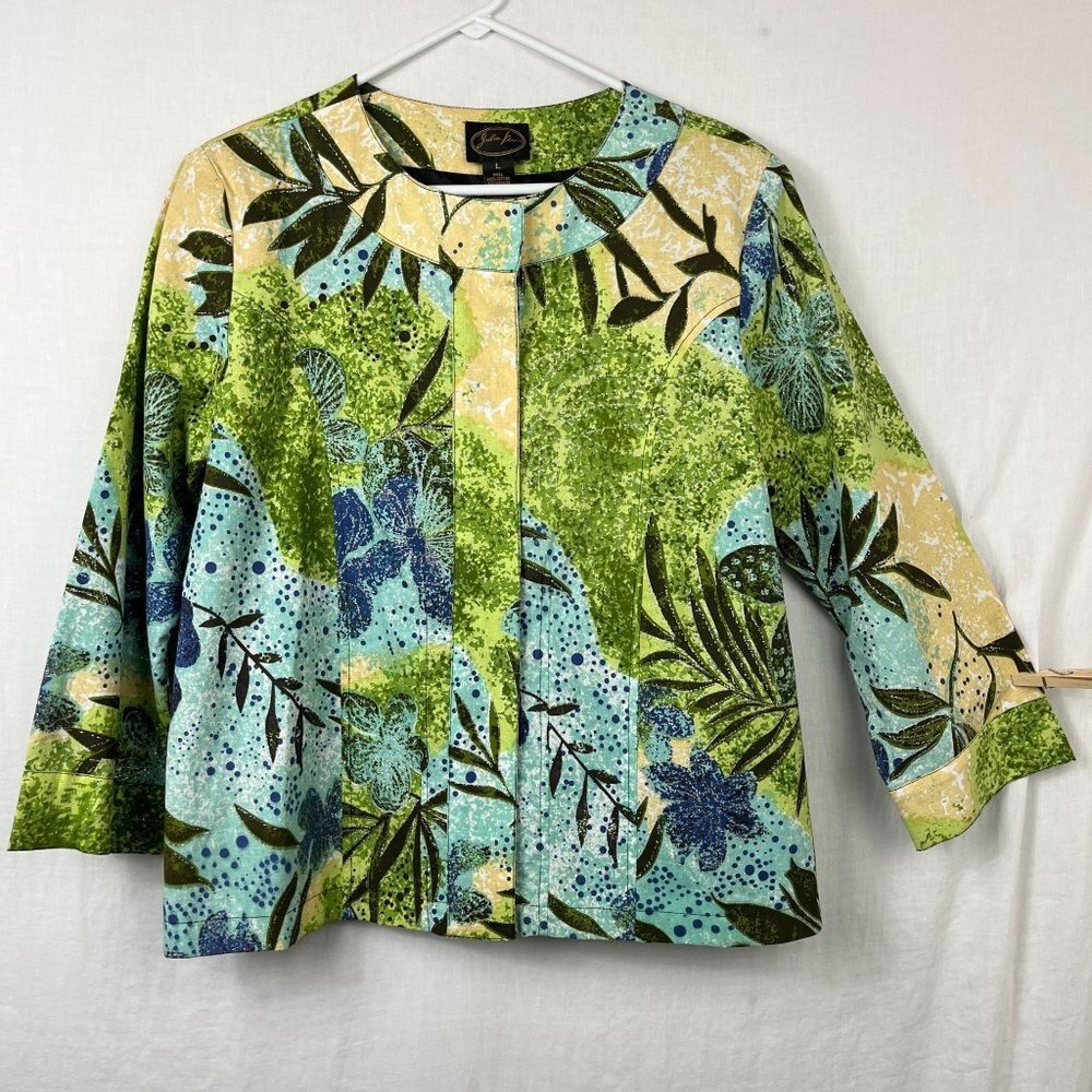 Julia Kim Jacket Womens L 3/4 Sleeve Art To Wear Artsy Floral Bright‎ Painted